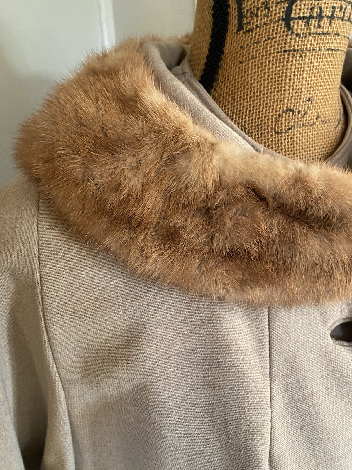 Vintage 1950s Tan Wool Swing Coat Real Mink Fur Collar Cuffs 46” Bust Nice!!!