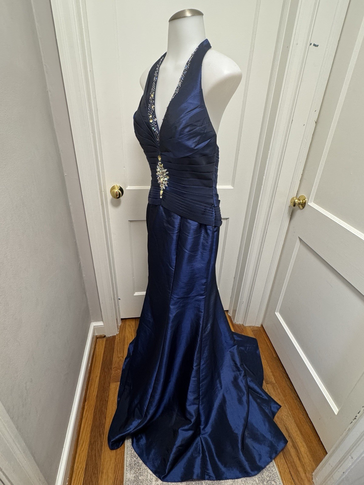 VTG B’Dazzle Alyce Designs Cobalt Blue Beaded Halter Mermaid Gown Dress Sz 8