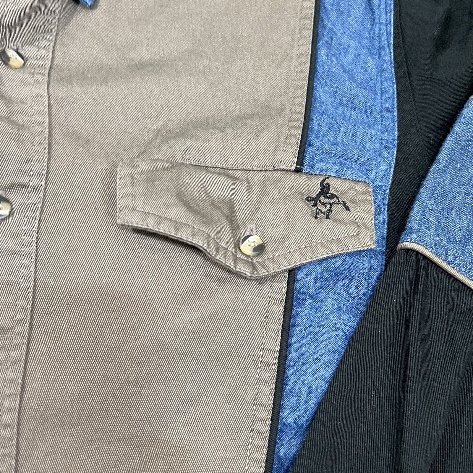 Vintage Western Shirt SM Canvas Denim Button Up Color Block Bull Rider Logo 80s