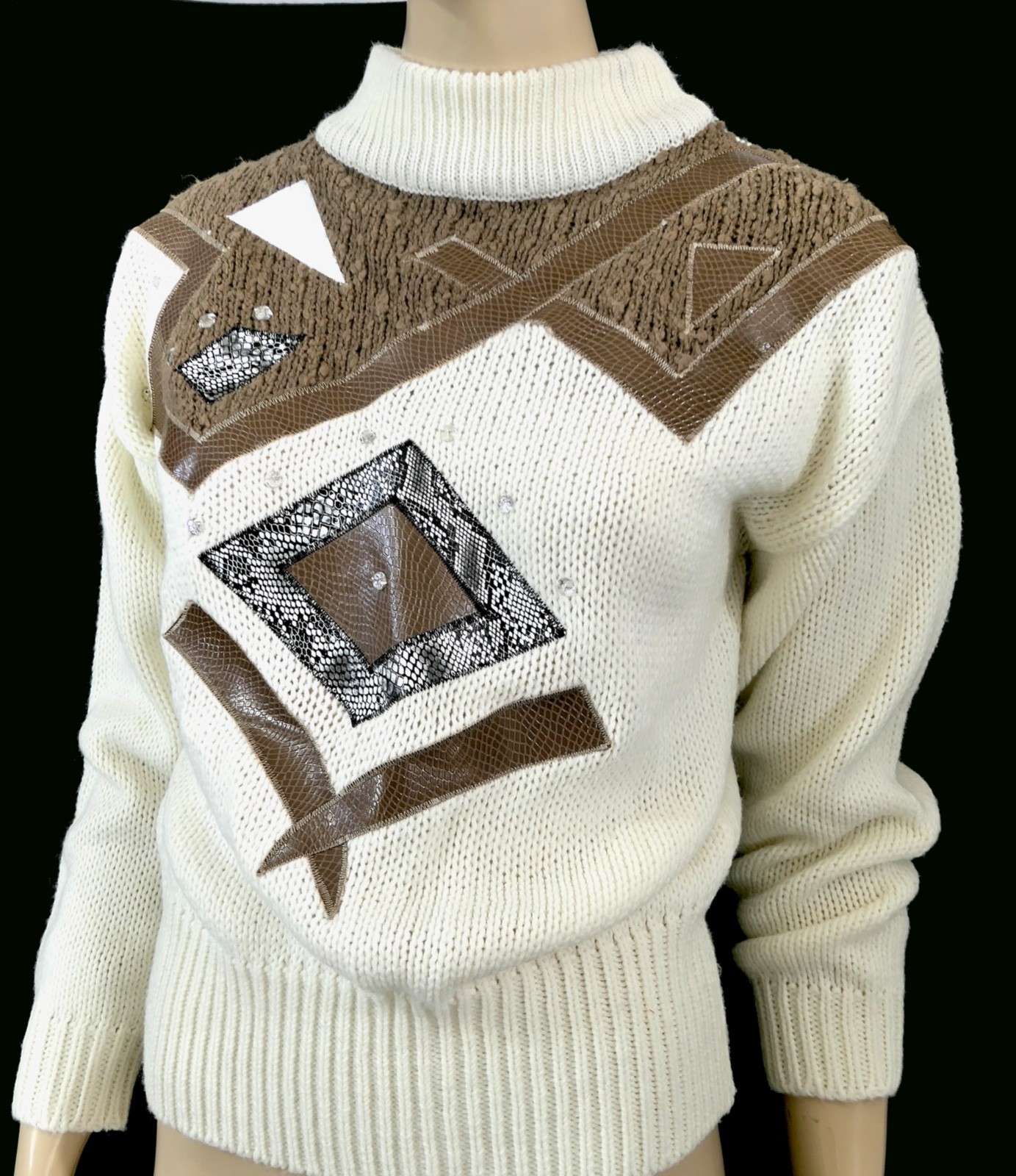 80s Vintage Cristina Ivory Perkins Collar Sweater Vinyl Snake Patchwork Gem L