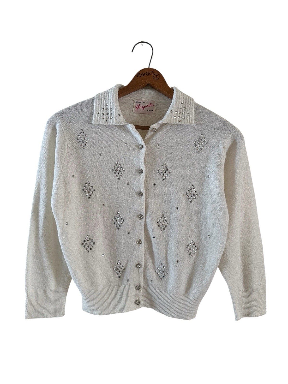 Vintage Schiaparelli Rhinestone Cardigan Women’s 2XS White Paris Designer