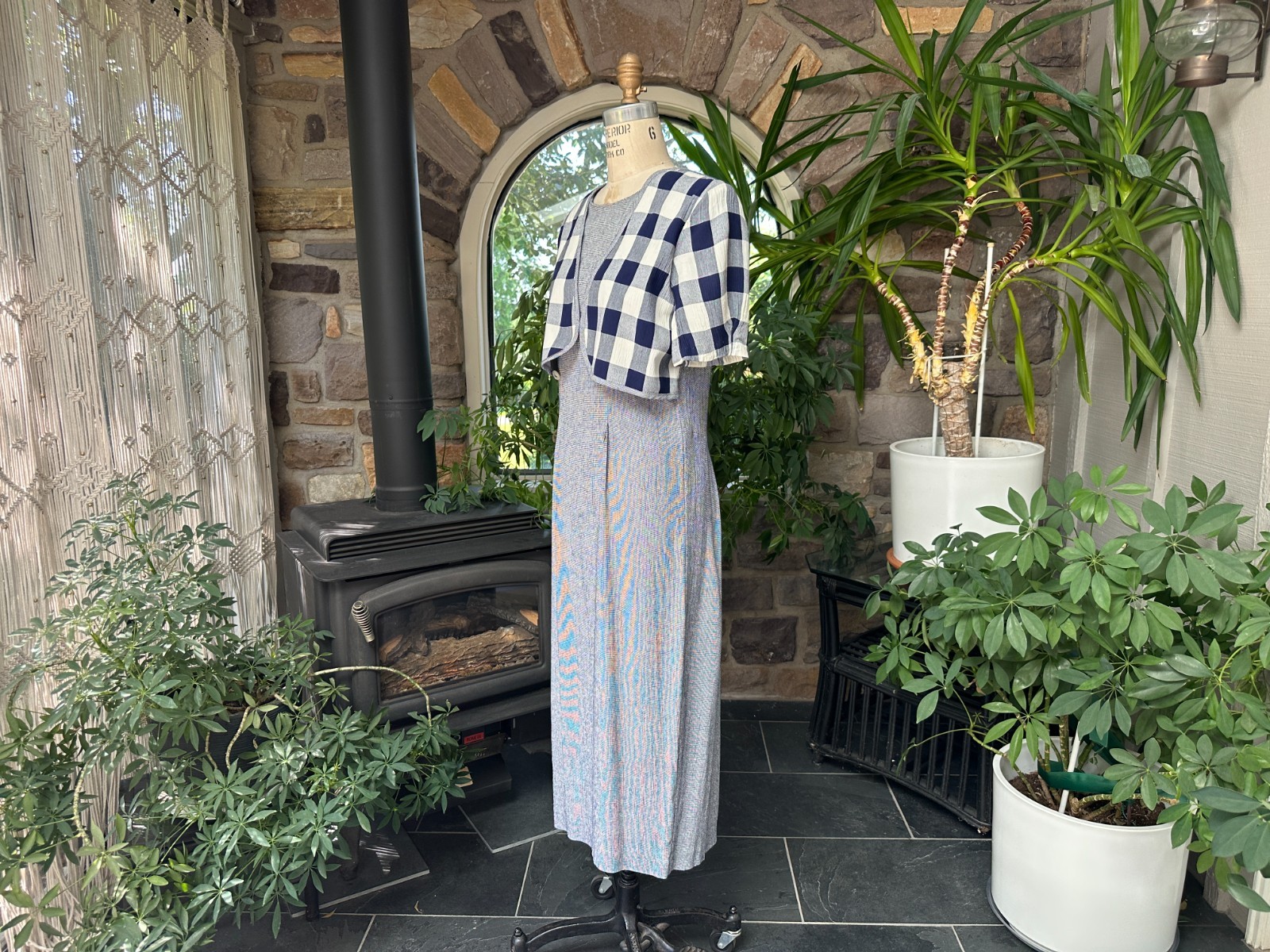 Vintage 1990s Blue and White Check Midi Dress TR Bentley