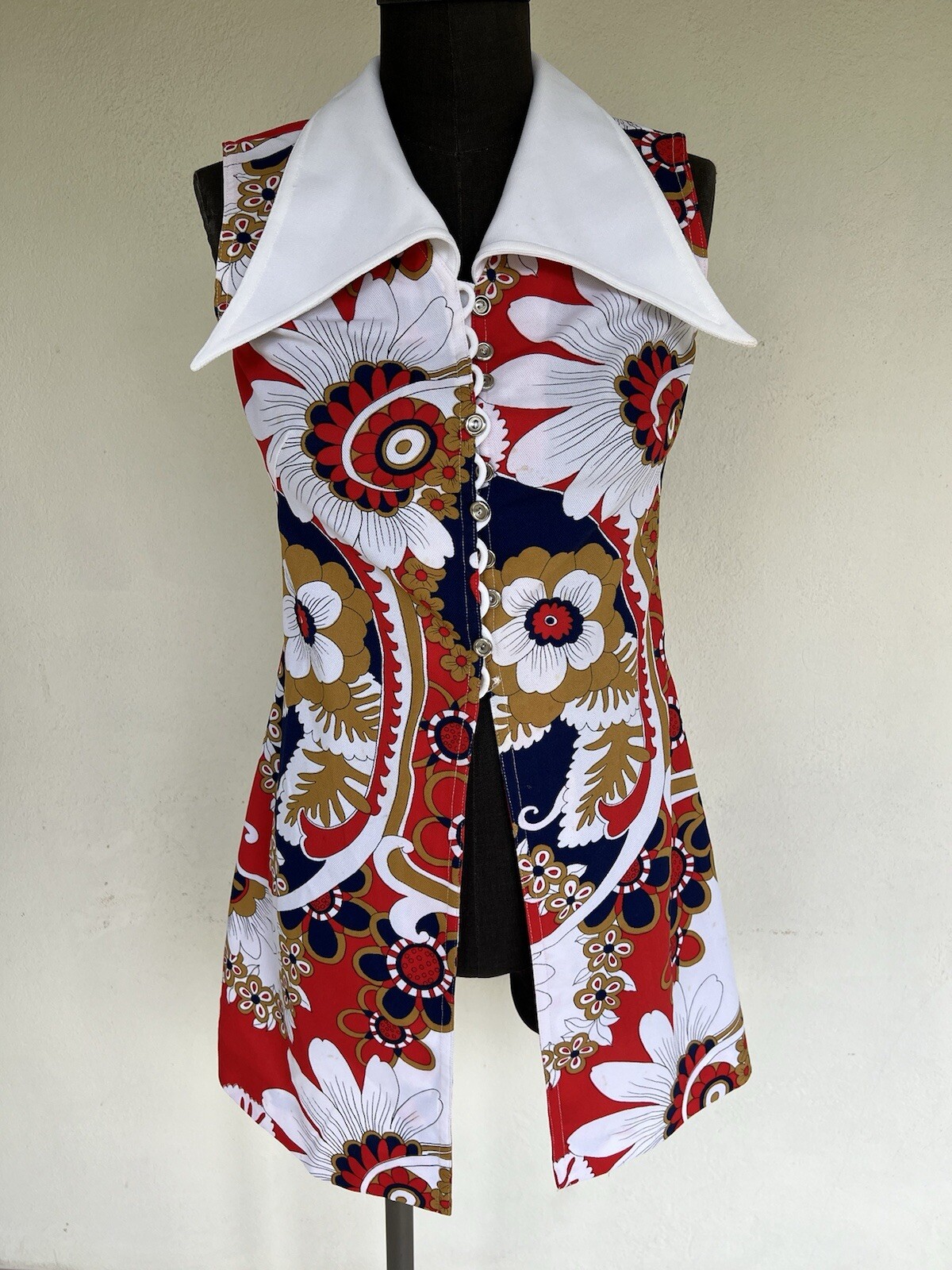 60’s Floral Abstract Hip Hop Hippie Lrg Point Collar Sleeveless Tunic Blouse Top