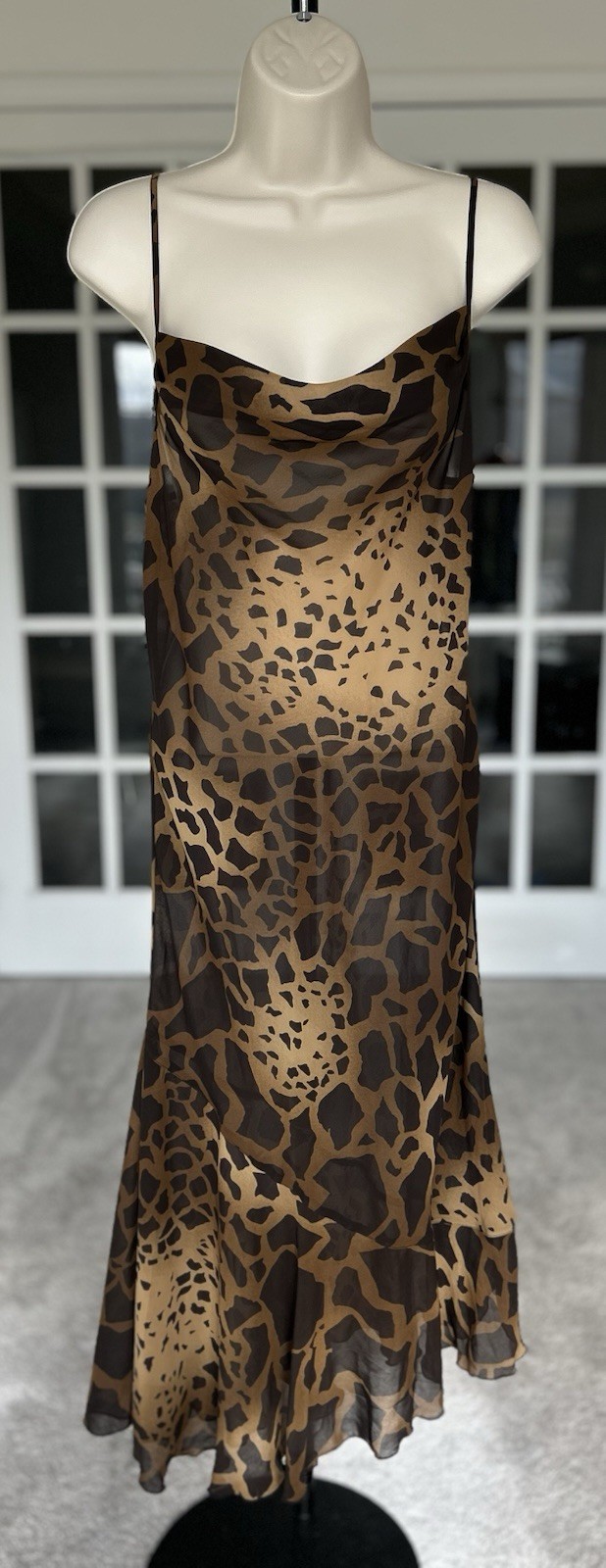 VTG 90s/Y2K Asymmetrical Cowl Neck Sleeveless Animal Print Semi Sheer Dress MED