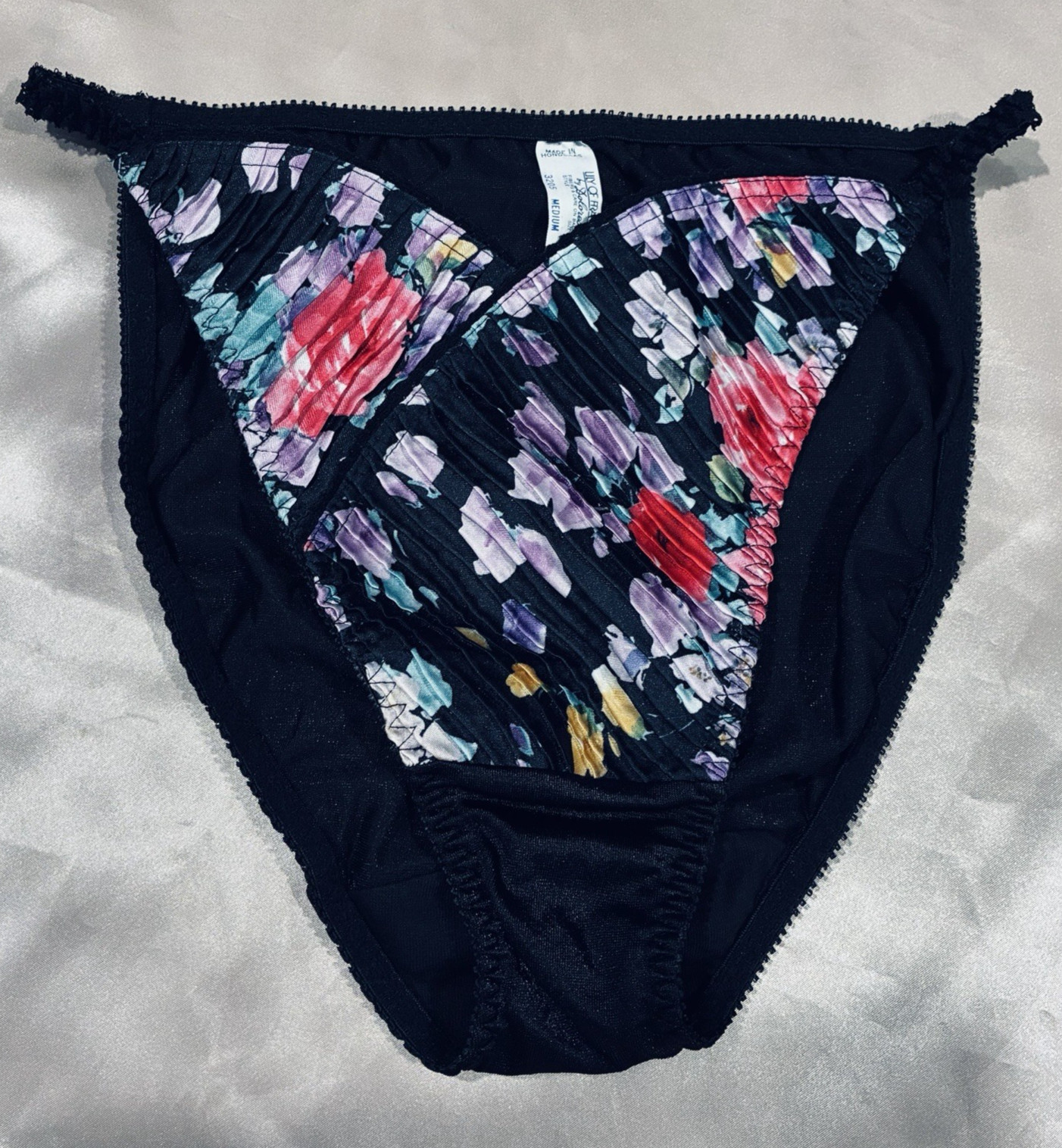Vtg Dolores Black Floral Full Cut Nylon String Bikini Panties M
