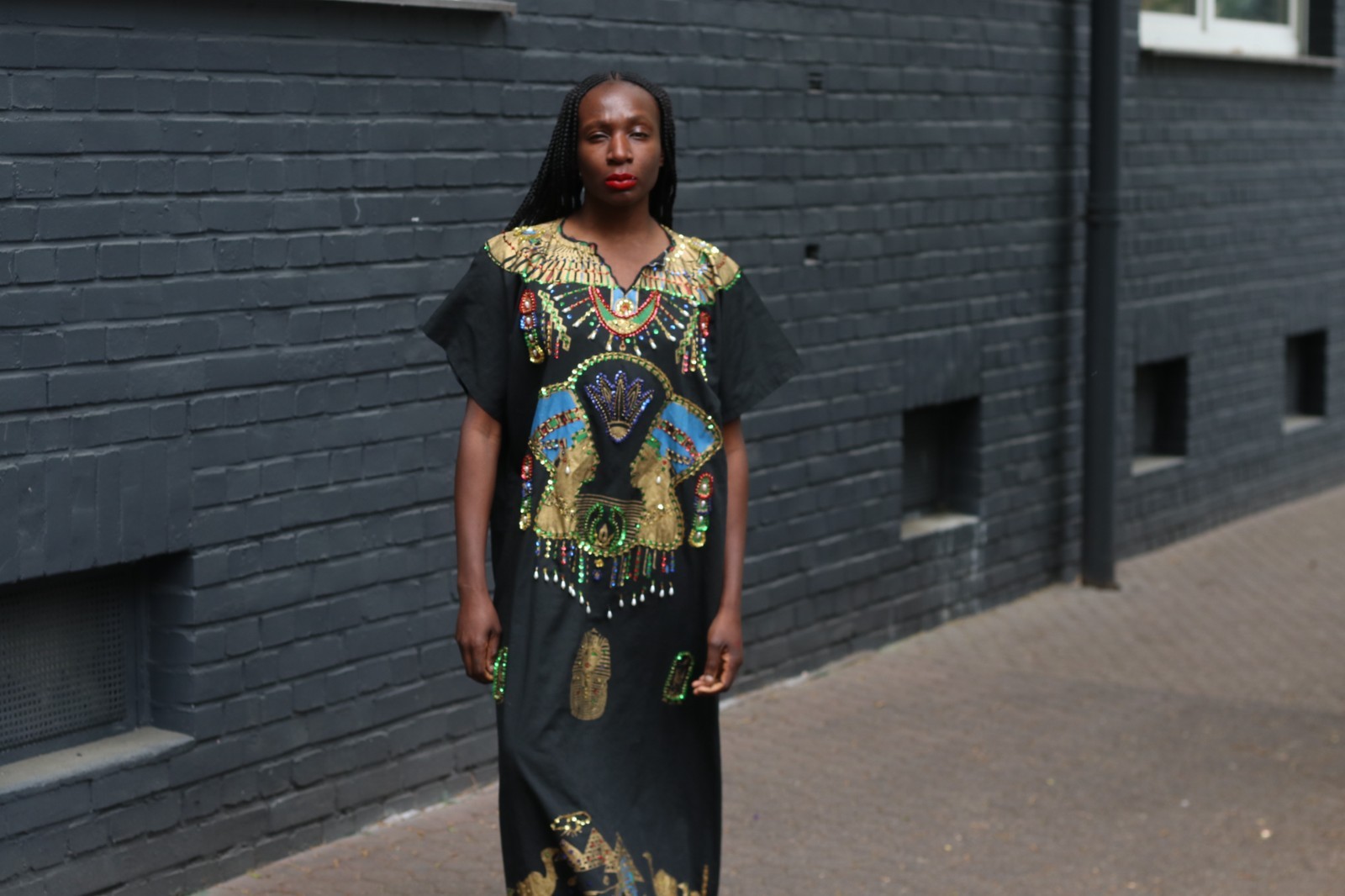 Vintage Egyptian Kaftan Black Gold Embroidered Maxi Dress 70s Boho Caftan