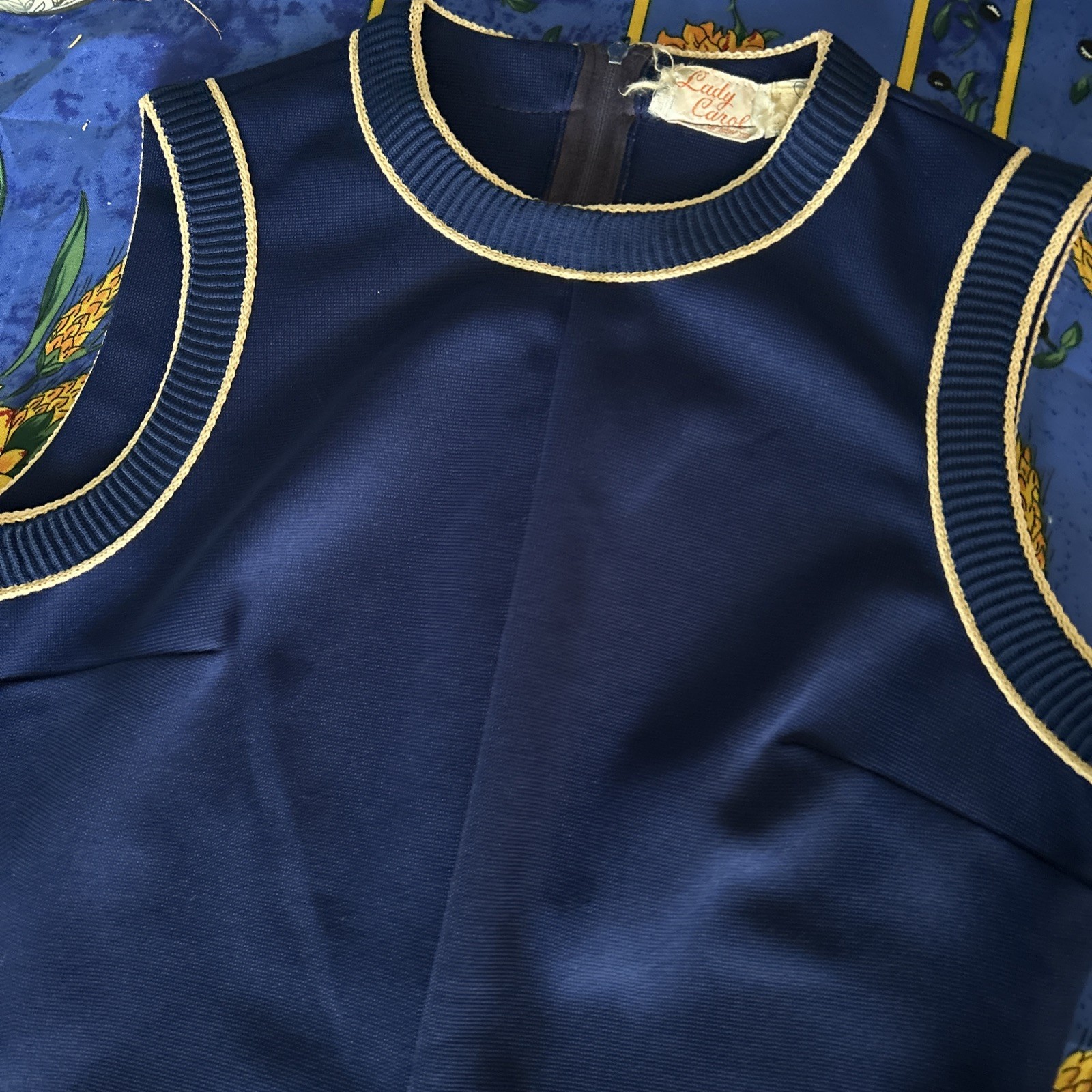Vtg Lady Carol of New York 2 Pc Navy Knit Dress With Belt & Open Striped Jacket