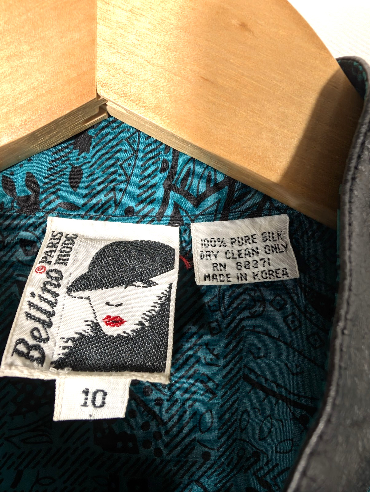 Vtg Bellino Paris 100% Silk Blouse Jacket 10 Teal Geometric Black Leather Trim