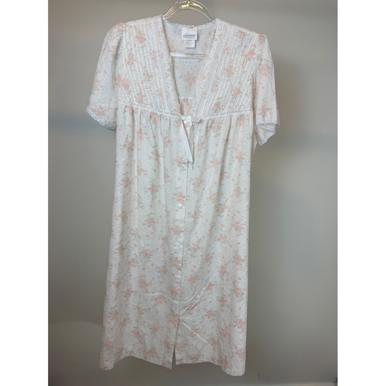 Vintage Adonna White Nightgown with Peach Floral Print and Pintuck Yoke – 80s