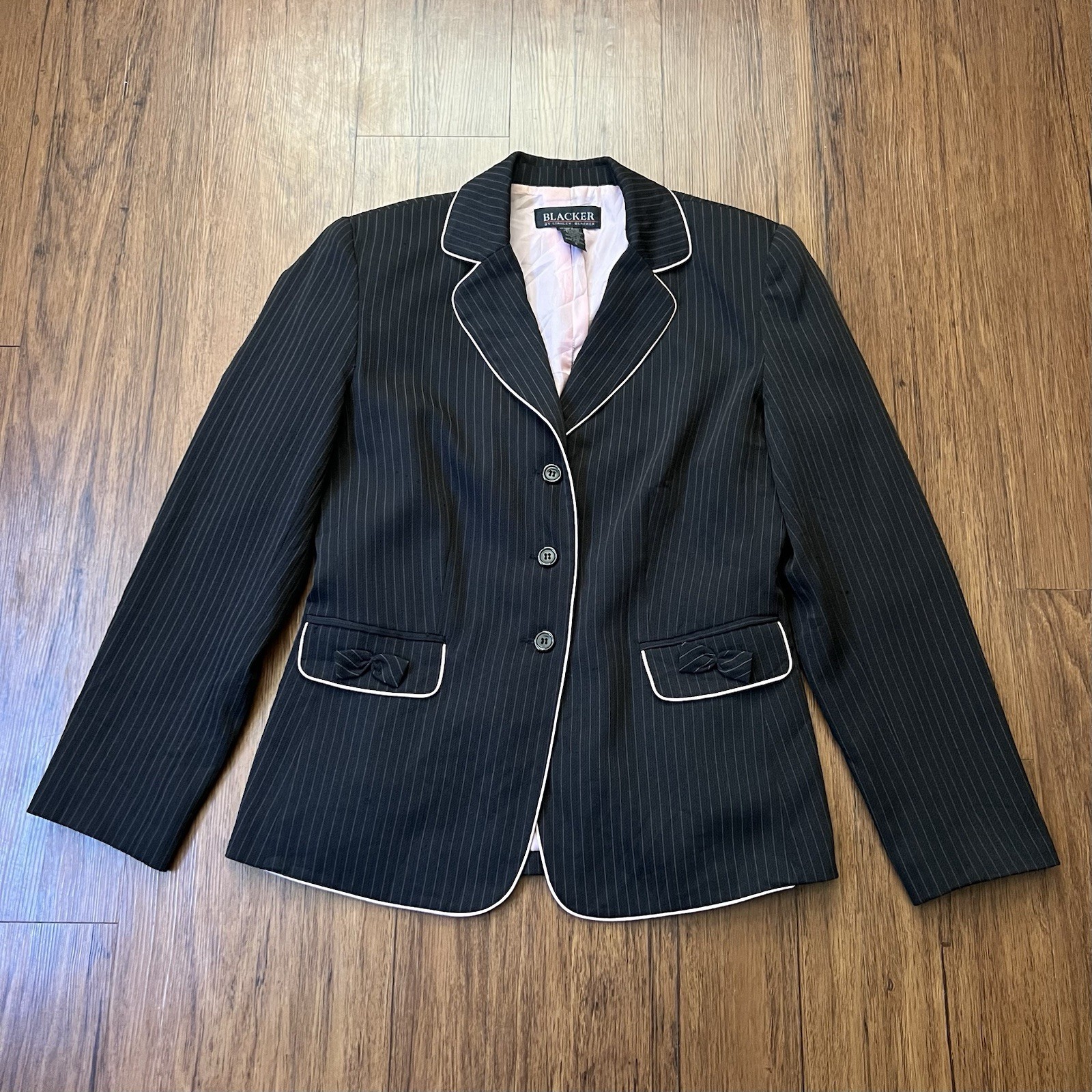 Vintage Y2K 2000s Blazer Sz 8 Black Pink Pin Stripe Bows Corpcore Office Siren