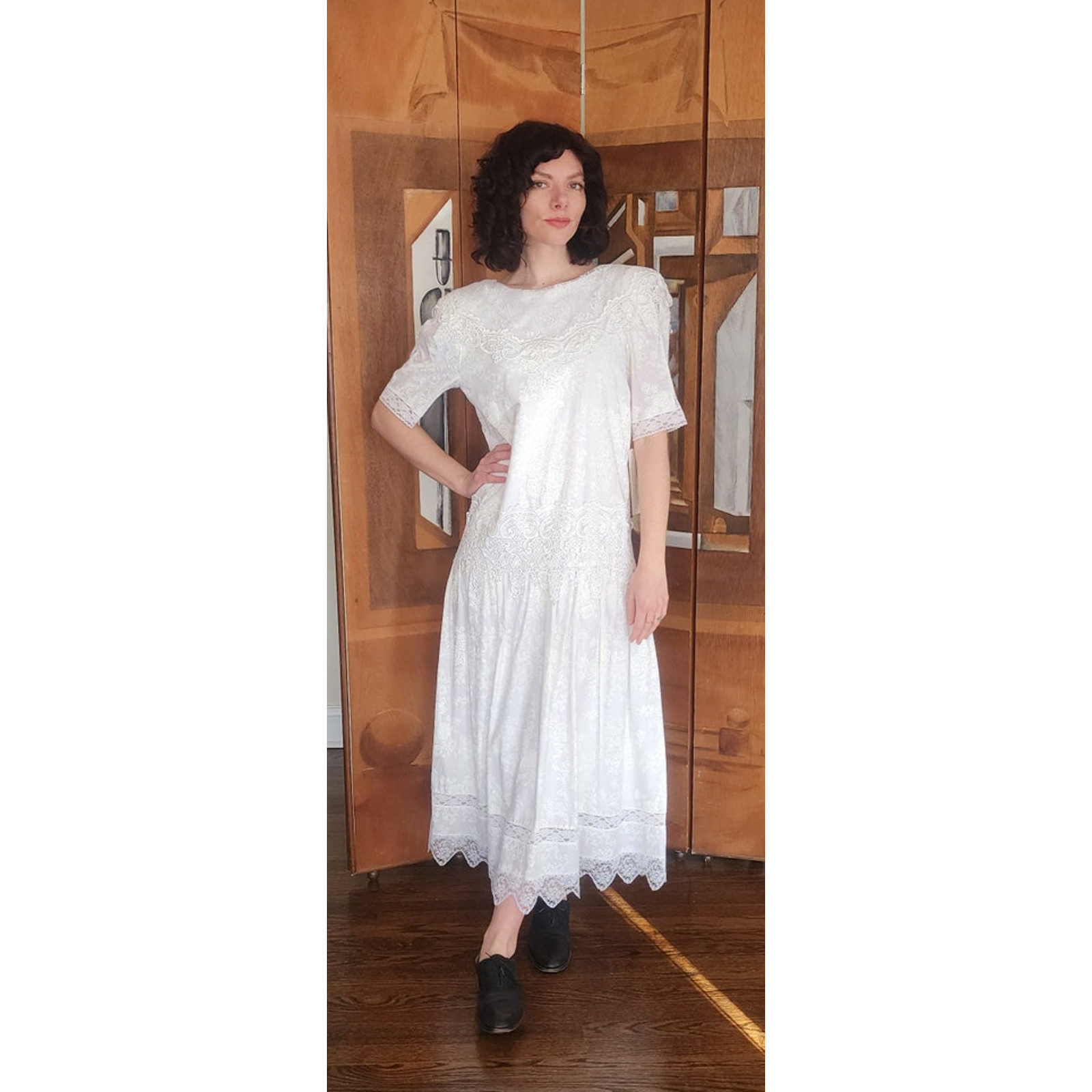 Vintage 1980s Scott McClintock White Lace Dress Drop Waist Puffed Sleeves NWT