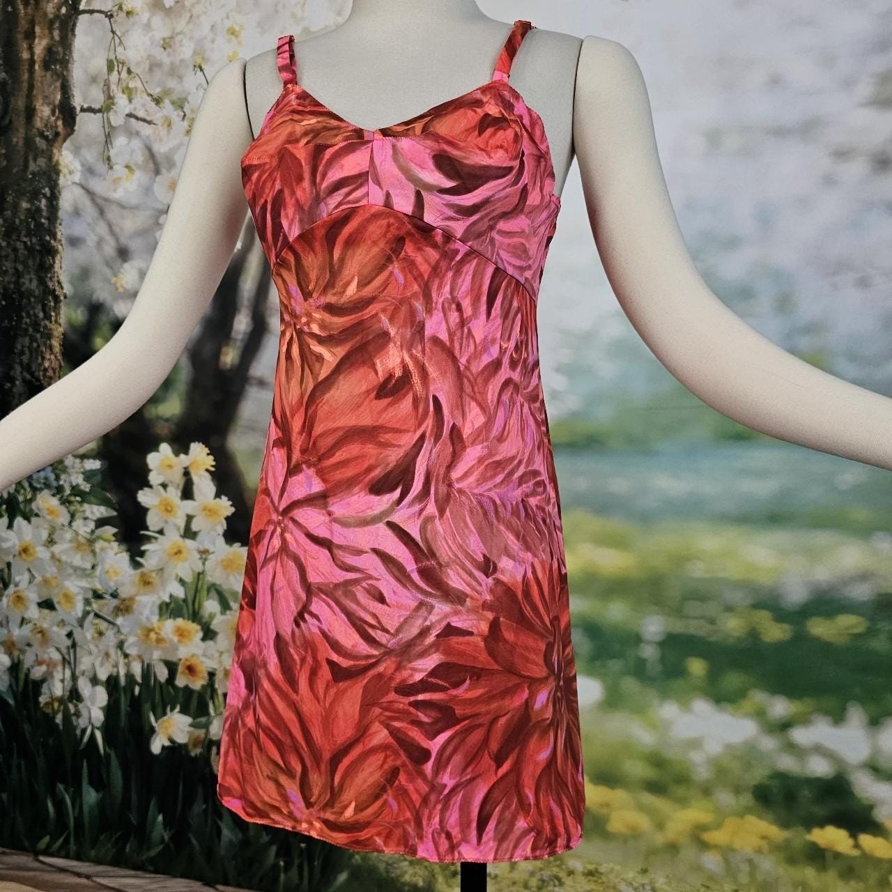 Vintage Rare 1970s Mini Slip Dress Bright Pink Floral Print Gaymode Party Dress