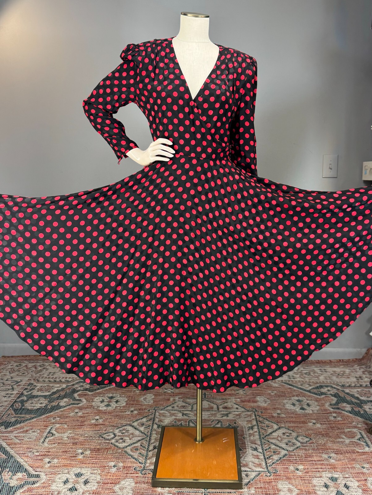 80s Silk Designer Wrap Shirt Dress Albert Nipon Polka Dot Red Black 200+ sweep!!
