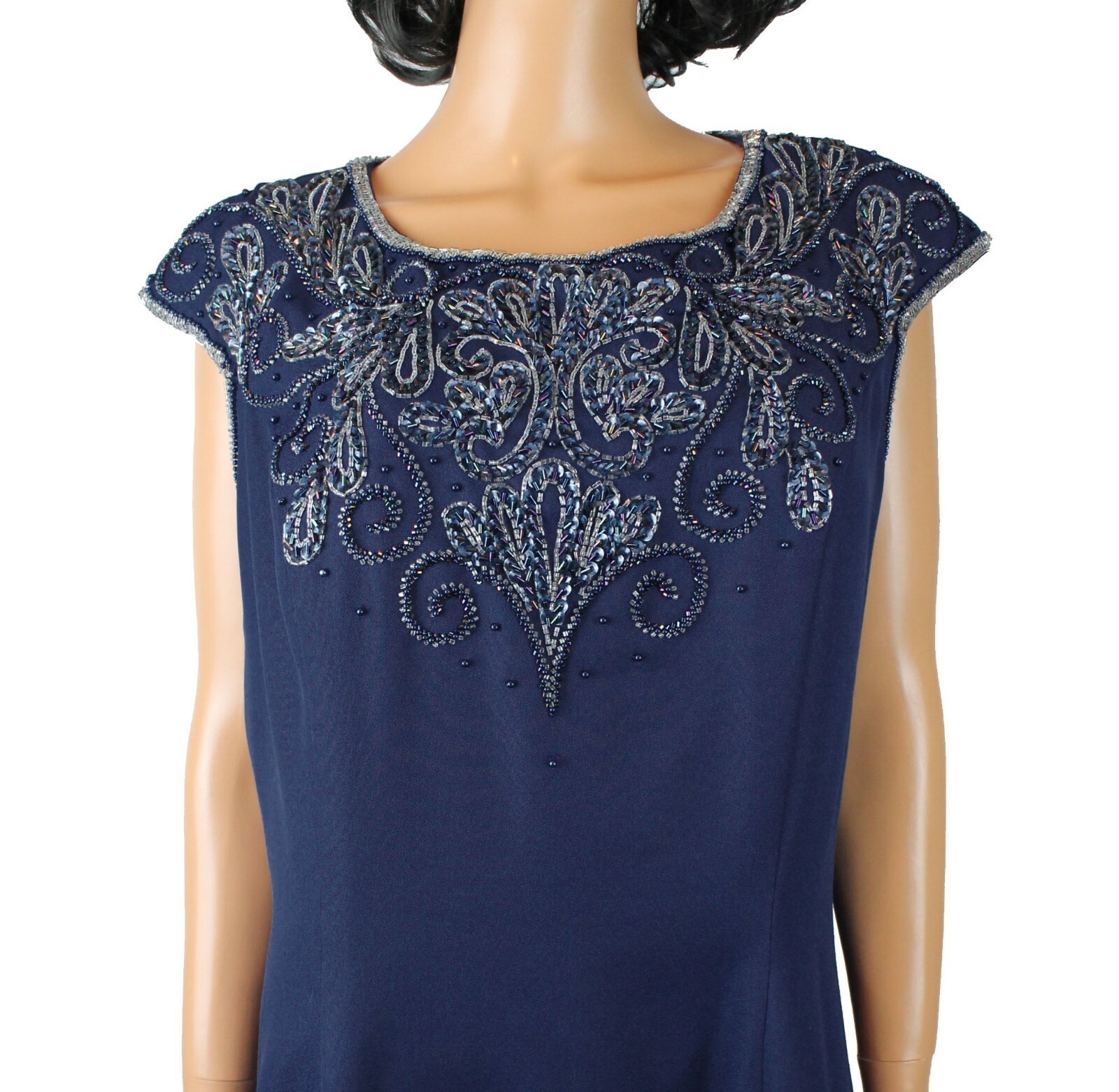 Vintage Evening Gown Sz 20 XL XXL 90s Navy Blue Extra Long Beaded Cocktail Dress