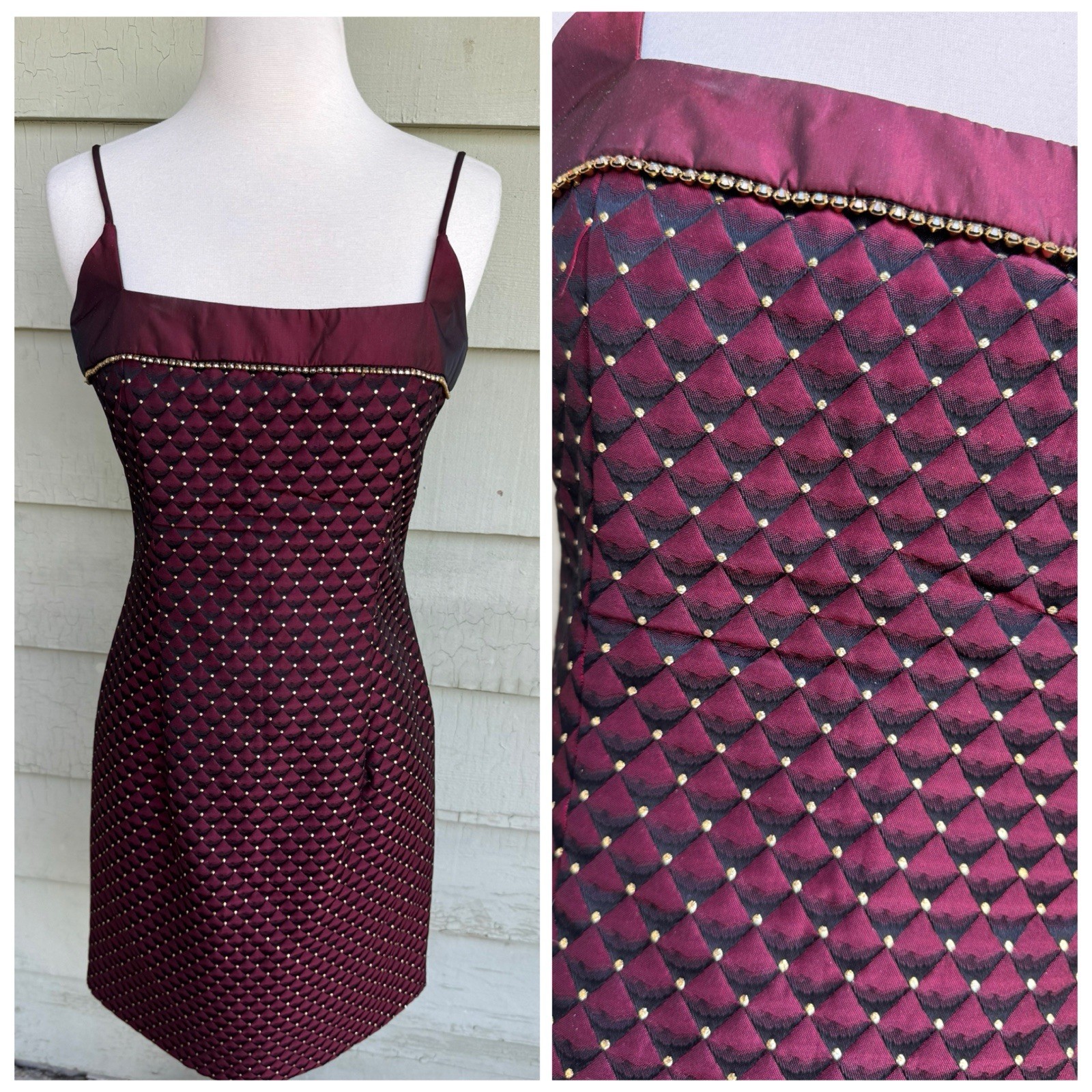 Vtg 90’s Jessica McClintock Mini Dress Burgundy Gold 7 Rhinestones Square Neck