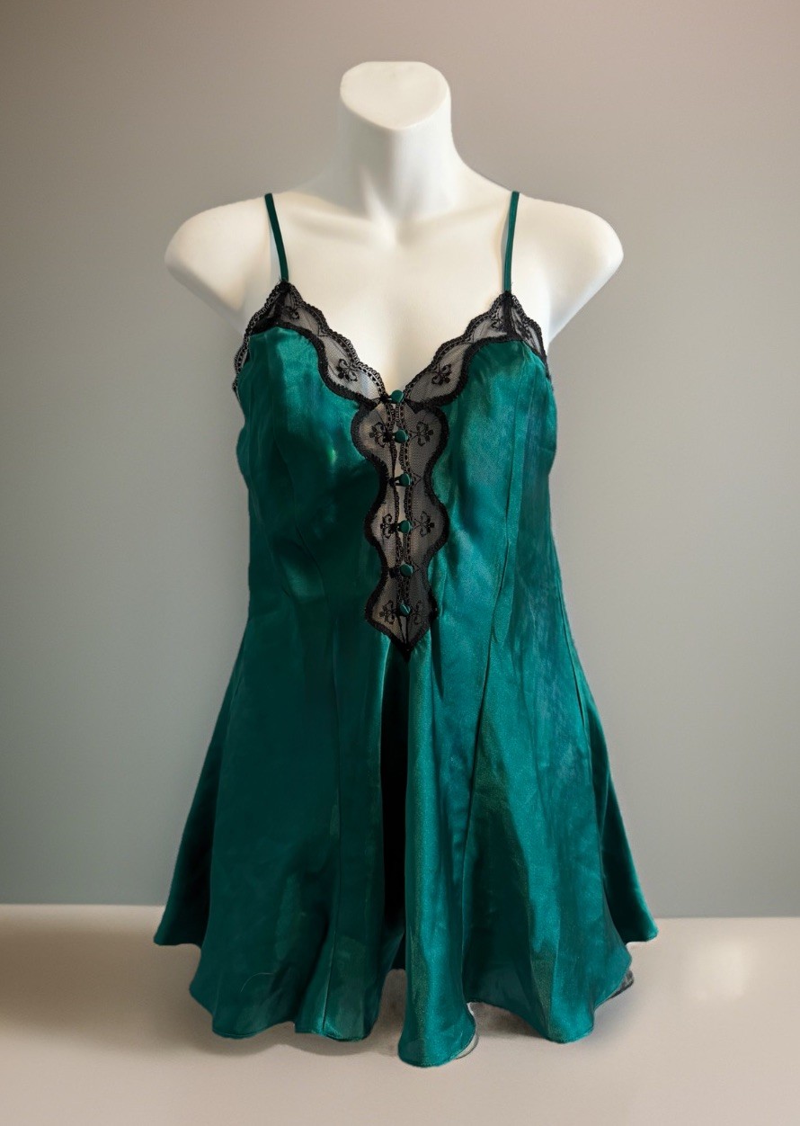 Vtg UNDERCOVER WEAR Teddy Lingerie Sz M Green Satin Black Lace 80s One-Piece