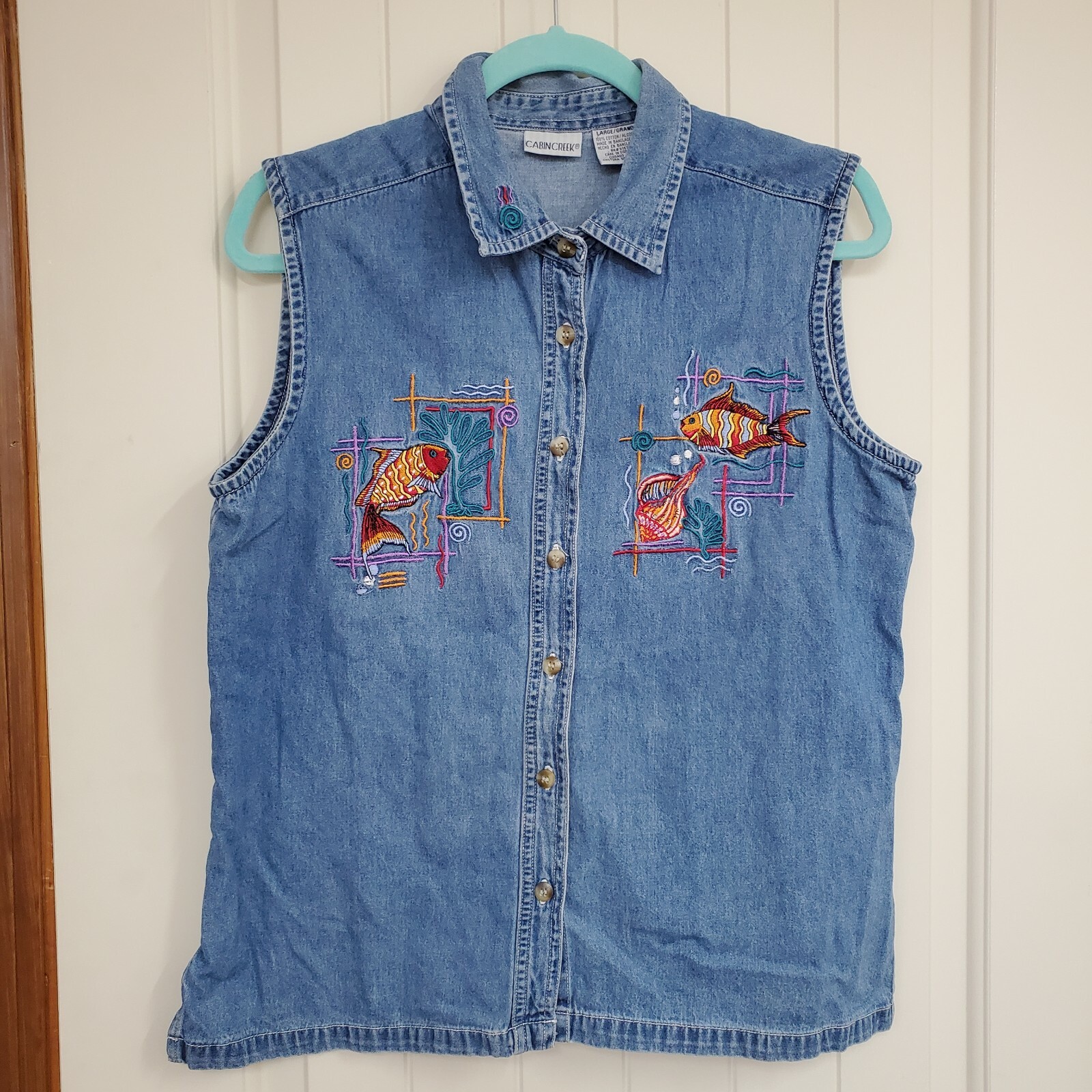 Vintage 80s Cabin Creek Embroidered Denim Jean Vest Fish Ocean Size Large
