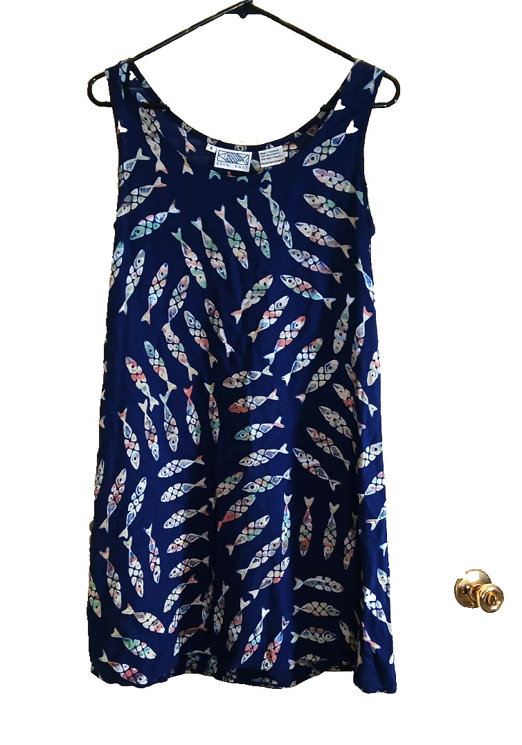 Vintage Back East Summer Indonesian Batik Fish Dress Boho Navy Small Sleeveless