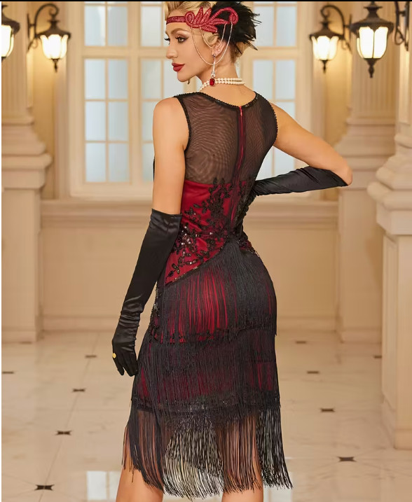 FLAPPER 1920s DRESS- Red Sequin Beaded and Fringed Dress, Gatsby Party 3 Sizes