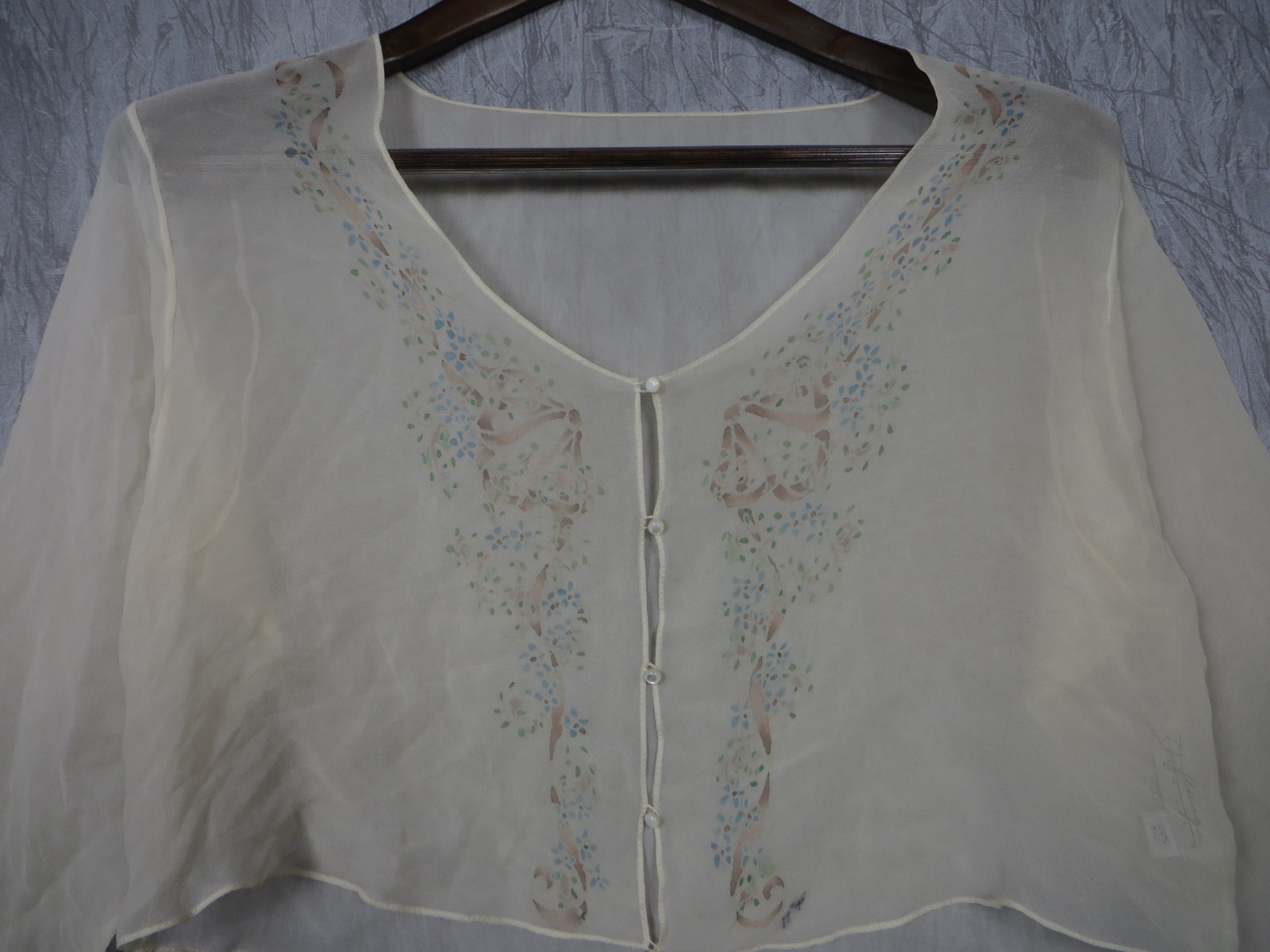 Vintage TJ Flanagan 100 Silk Hand Painted Sheer Crop Blouse Romantic Boho