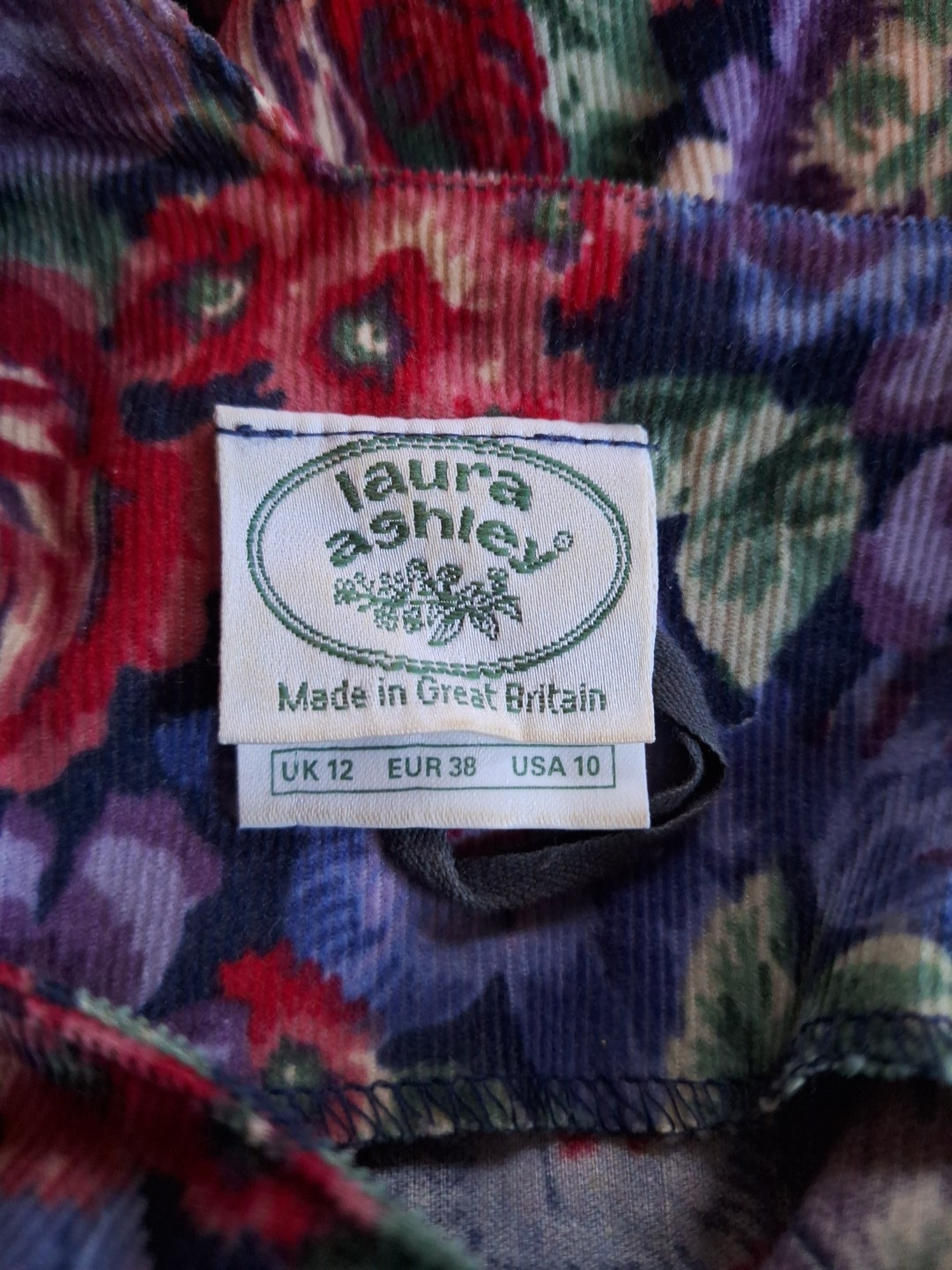 VTG 1990s Laura Ashley Blue Red Purple Floral Puff Sleeve Corduroy Dress 10