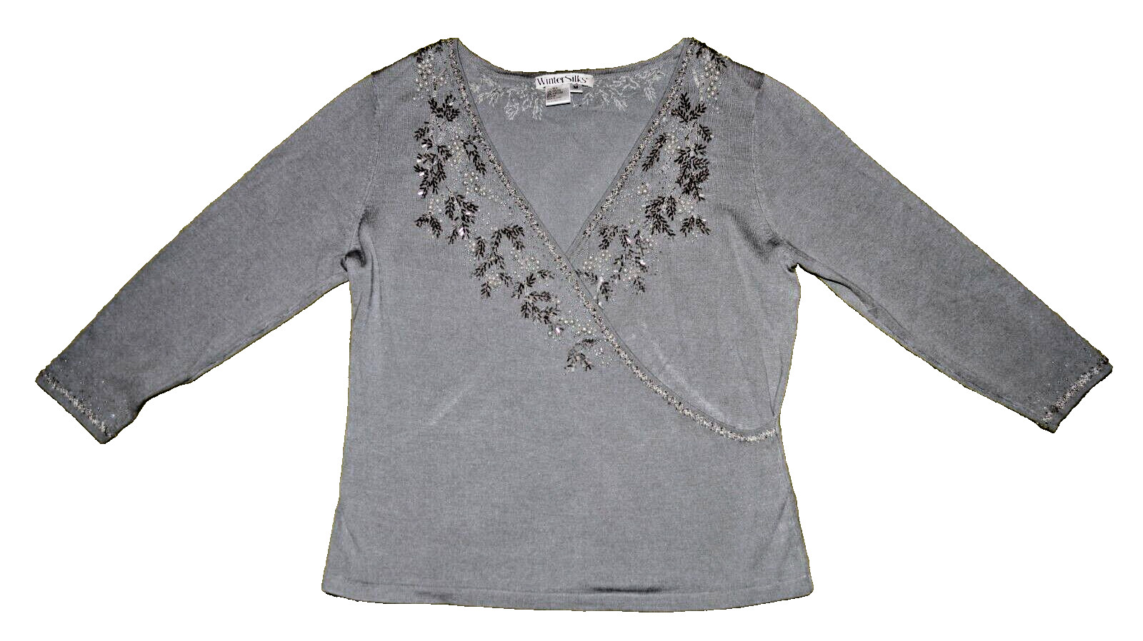 WinterSilks Blouse Embellished Silver Tone Beads Ornate Long Sleeve