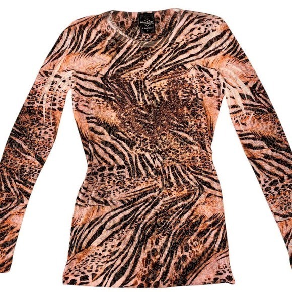 🐅 deadstock Sledge USA Y2K Tiger Print Rhinestone Bling Top Small NWOT
