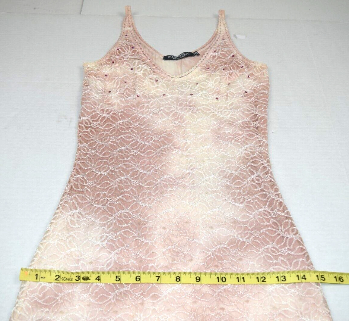 Vintage Dress Bisou Bisou Size S 90s Pink Clouds Tie Dye Sequins Layered Lace