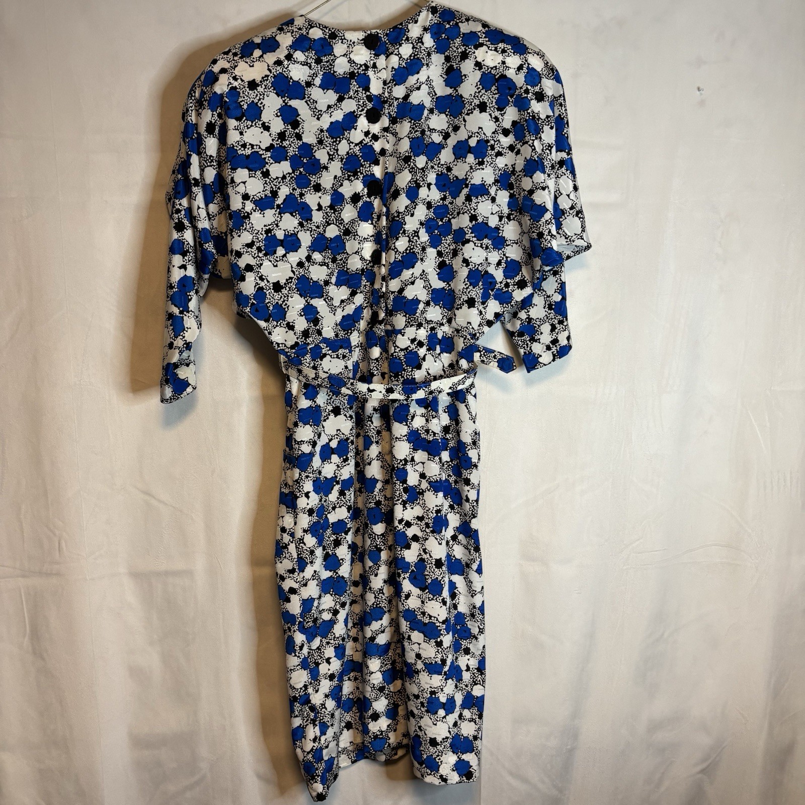 True Vintage 80s Blue And White Printed Dress Nu-Mode Petites Size Small Belted