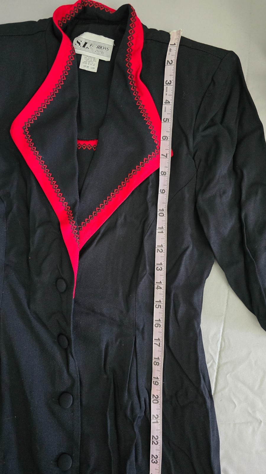 NWOT Vintage 80-90s S.L. Fashions Black Red Big Suit Collar Dress, Petites 12