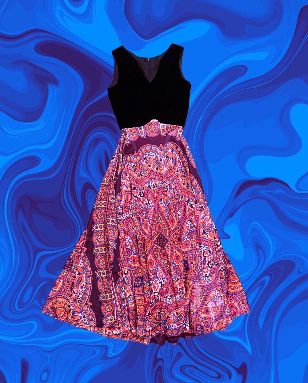 True Vintage 70s Maxi Dress Black Velvet Psychedelic Paisley Groovy XS Handmade