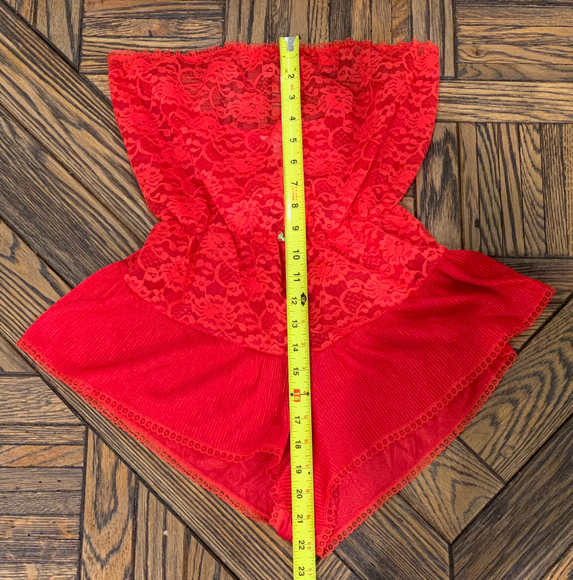 Vtg Red Nylon Lace Pleat Strapless Romper Teddy Lingerie Negligee Sexy Sz L USA