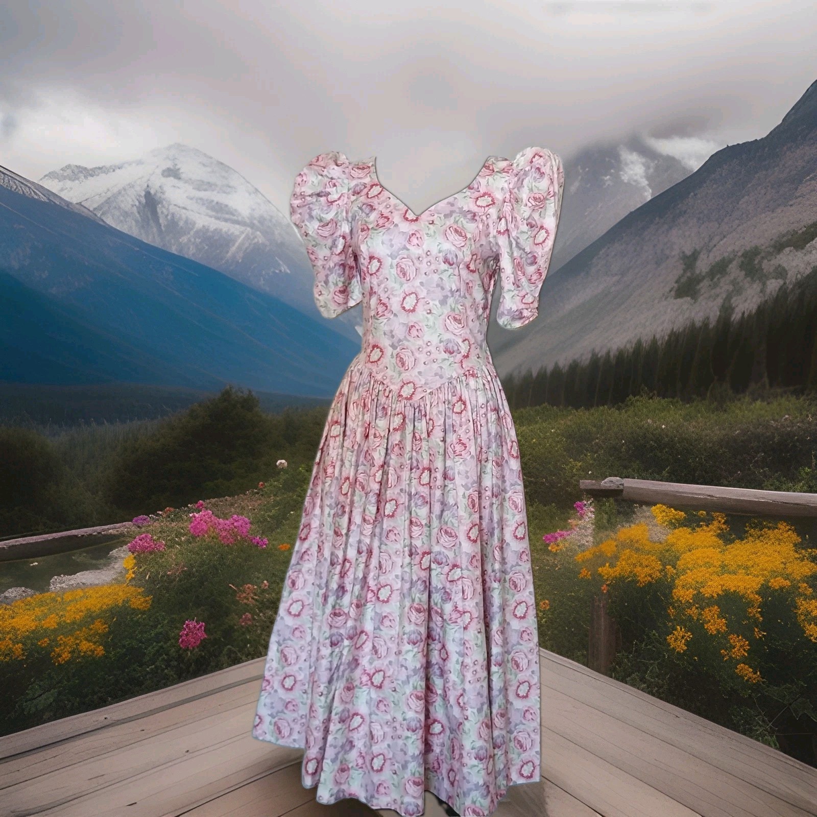 Vtg 1980s Laura Ashley Cottage-core Romantic Puff Sleeve Large Bow Tea Dress