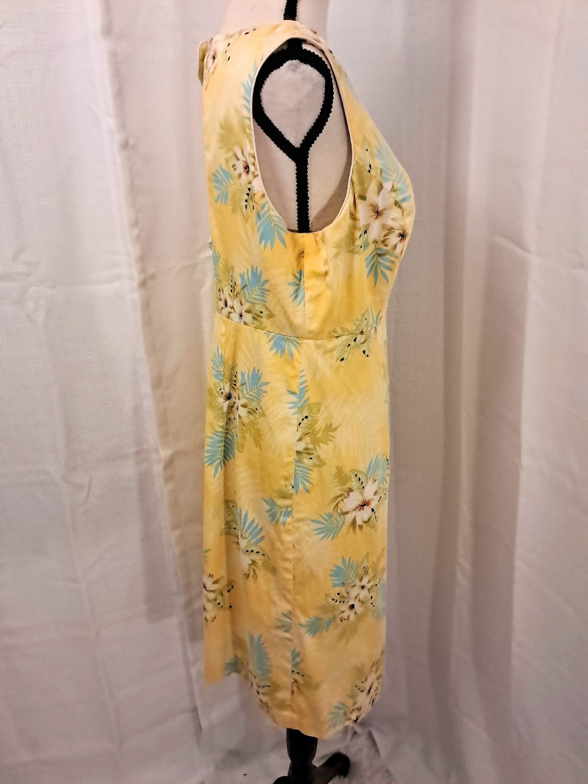 Vintage Erika Cotton Yellow Tropucal Print Cutout Back Detail Dress Size 10