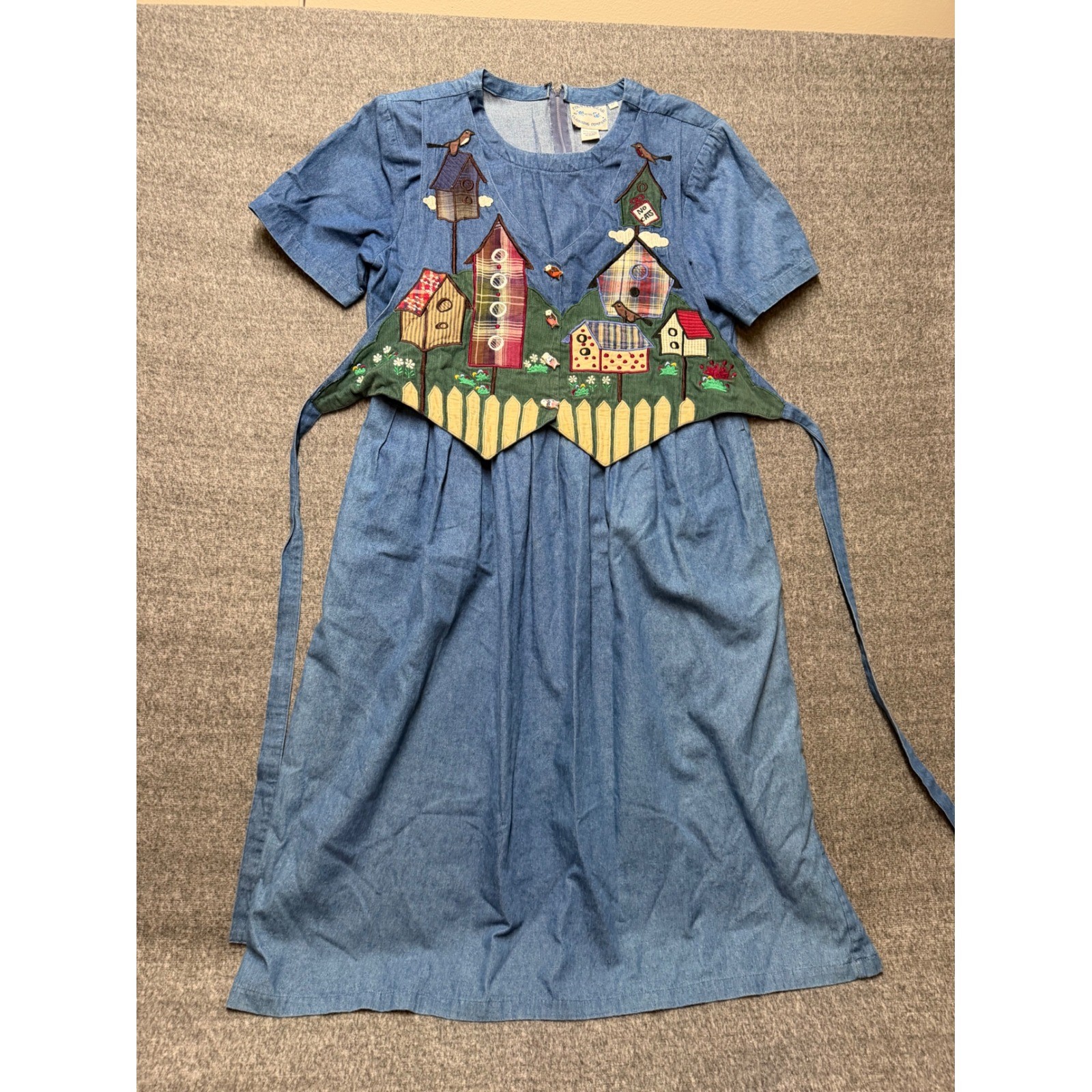 Country Wear Petite Denim Birdhouse Applique Dress Blue Cotton Vintage 12P