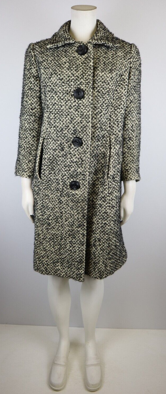 VINTAGE WOMEN’S CREAM & BLACK WOVEN WINTER COAT – CHARLES V FINE FABRICS – S