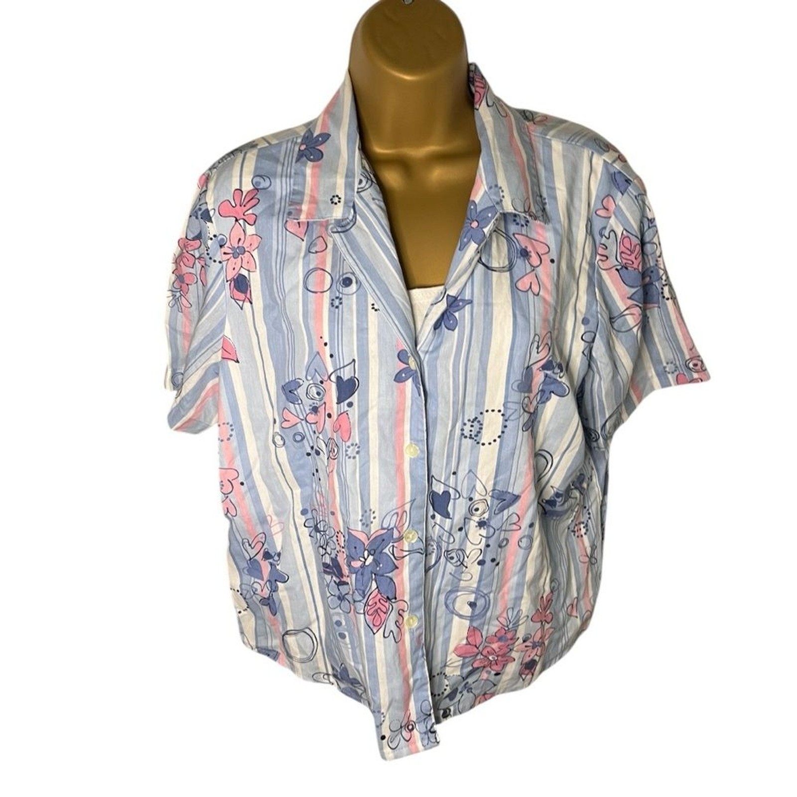 Vintage 80s-90s Tapestry Heart Stripe Short Sleeve Button Top Blue Combo PL