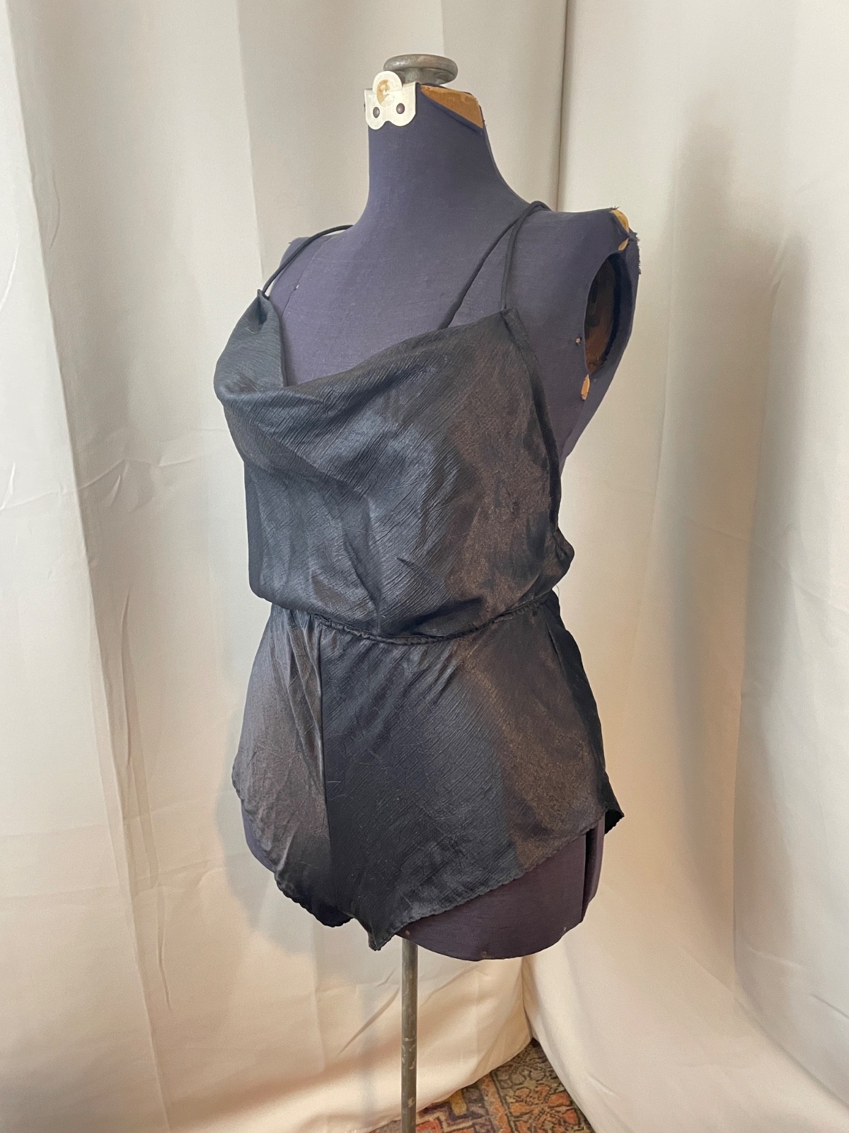 Black Satin Teddy Step In Play Suit Cowl Neck 1980s Vintage Lingerie L
