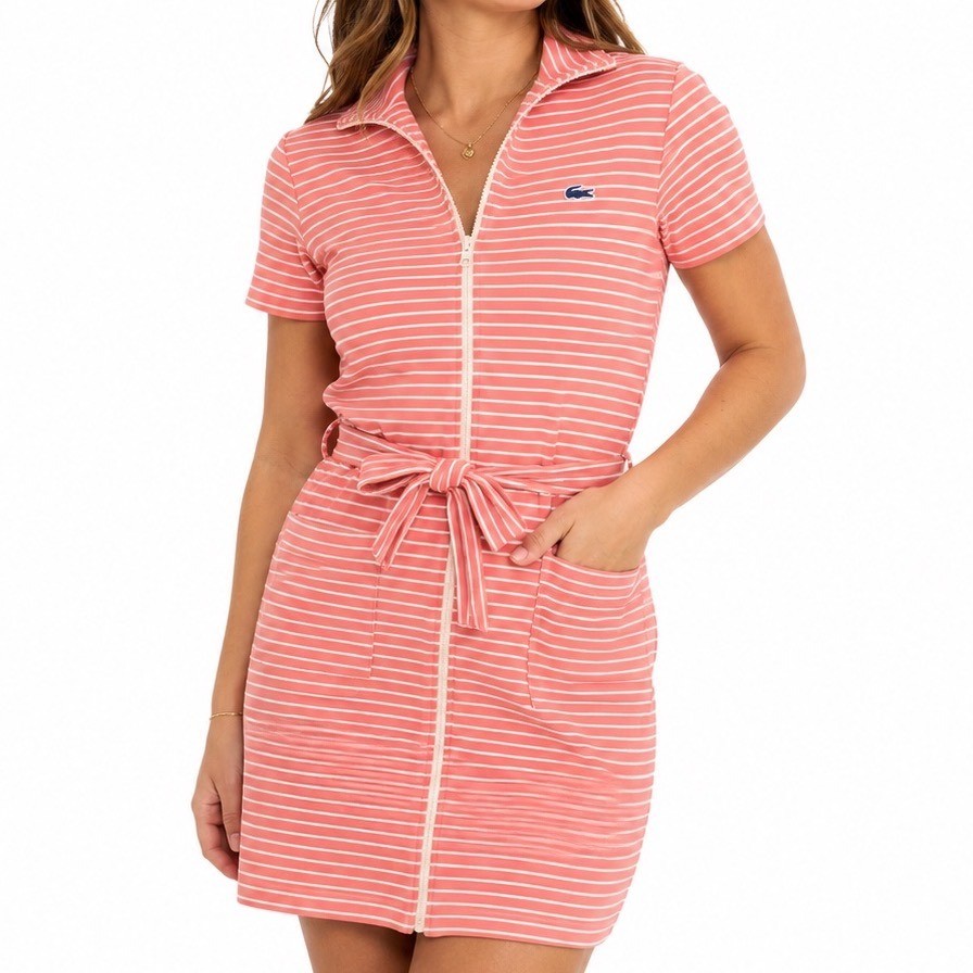 Vintage 70s Chemise Lacoste Pink Striped Zip Front Polo Dress ILGWU Belted Pique
