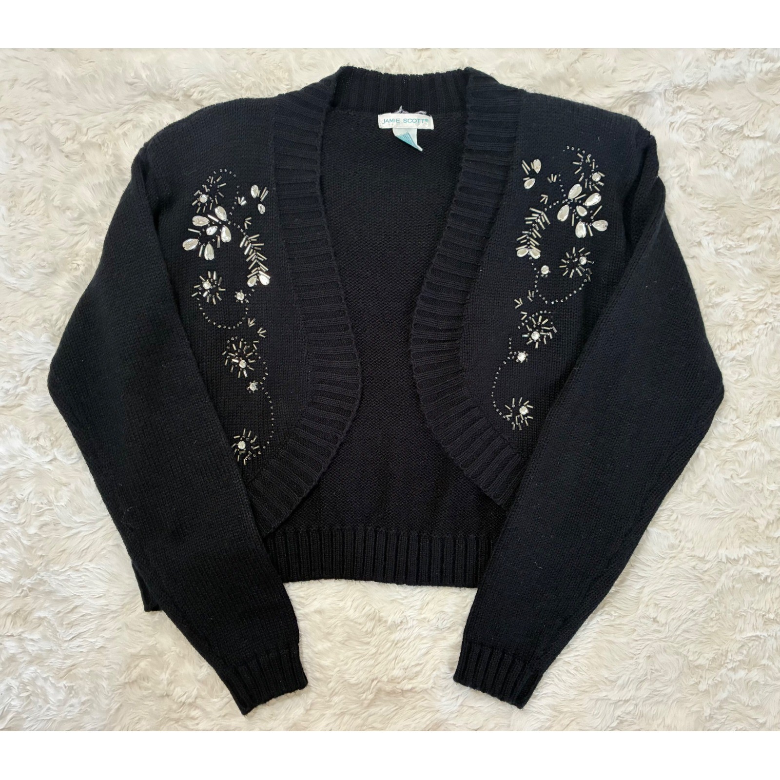 Jamie Scott Vintage Black Beaded Cropped Bolero Cardigan Sweater Soft Girl Era M