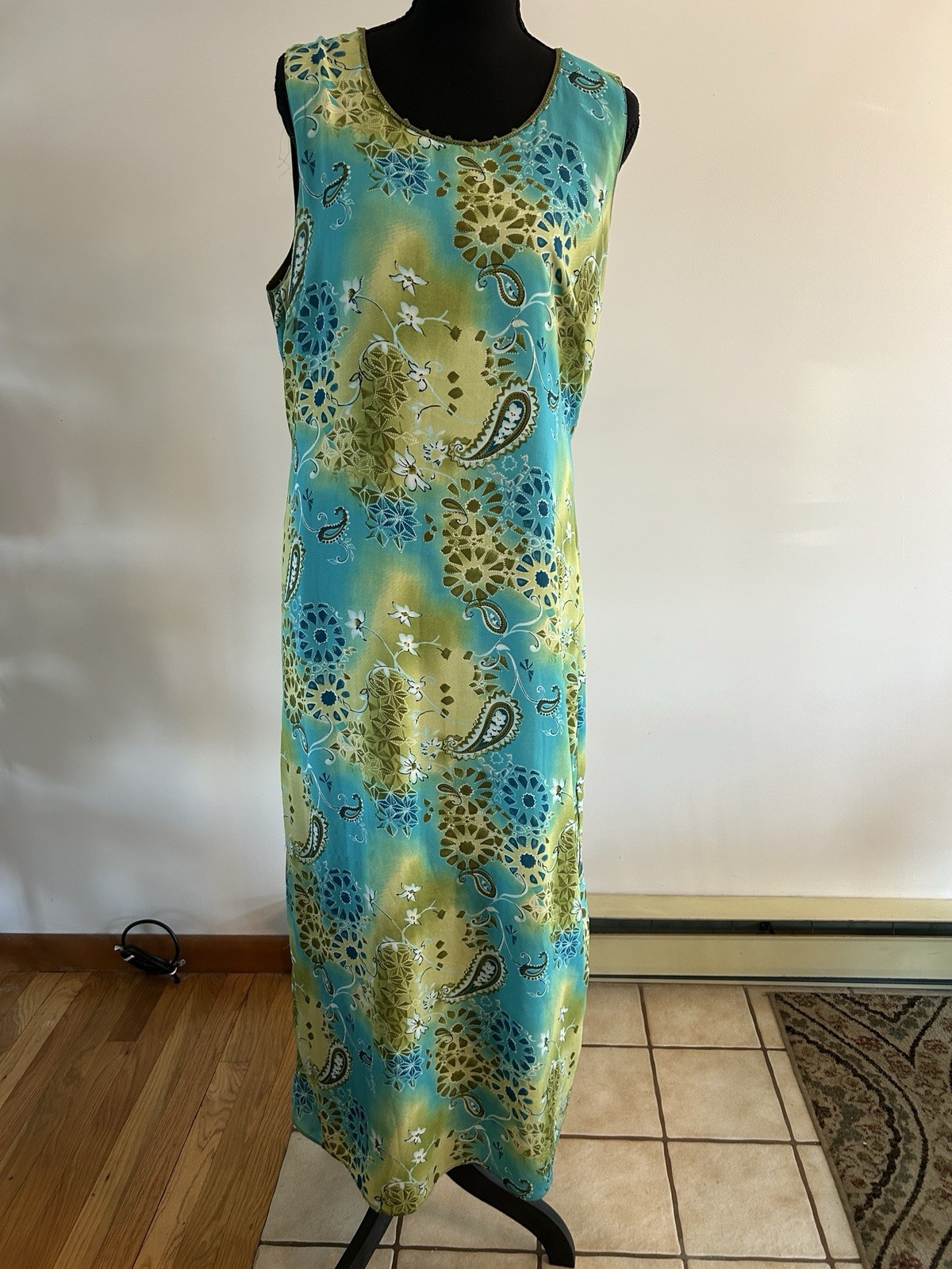 Kathie Lee Collection Maxi Dress Large 12/14 Green Blue Yellow 100% Polyester