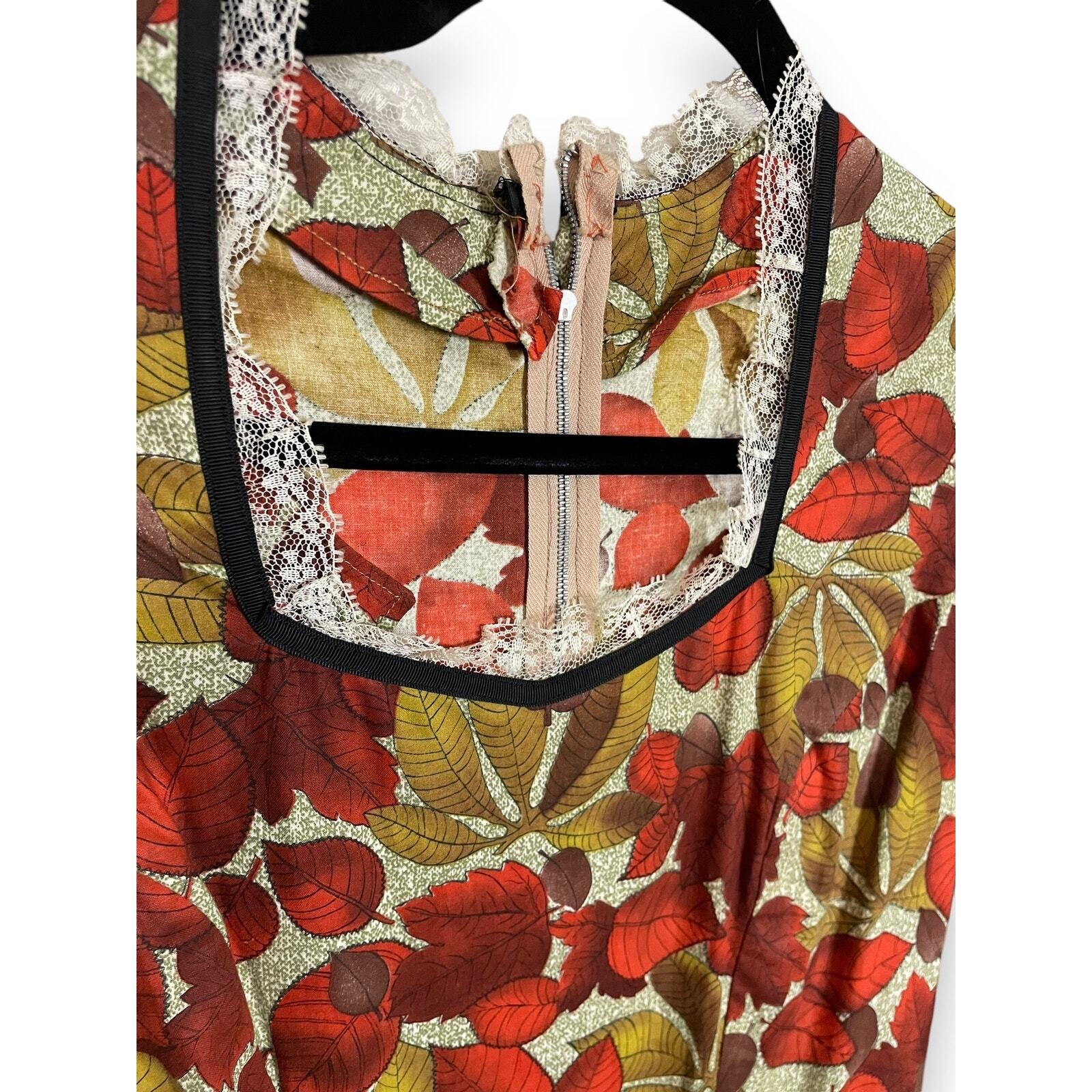 Vintage 60s 70s Handmade Fall Leaves Cotton Full Sweep Dress Prairie Cottagecore