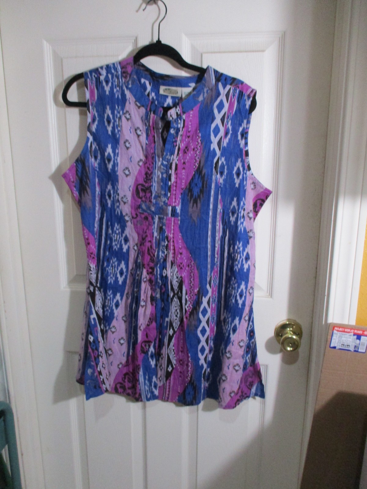 Collections ETC. Sleeveless Tunic Top Cotton Blue Pink Purple Absract Boho- L