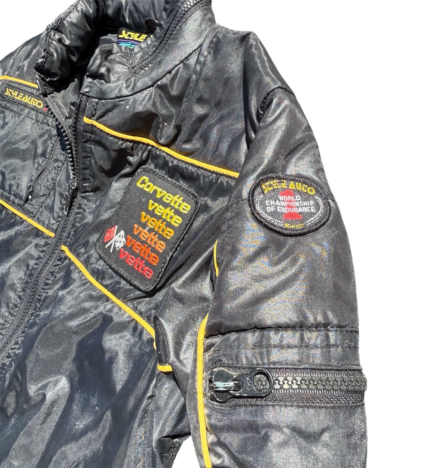 VINTAGE 1980s Black STYLE AUTO CORVETTE JACKET PATCH RACING Car Padded XS