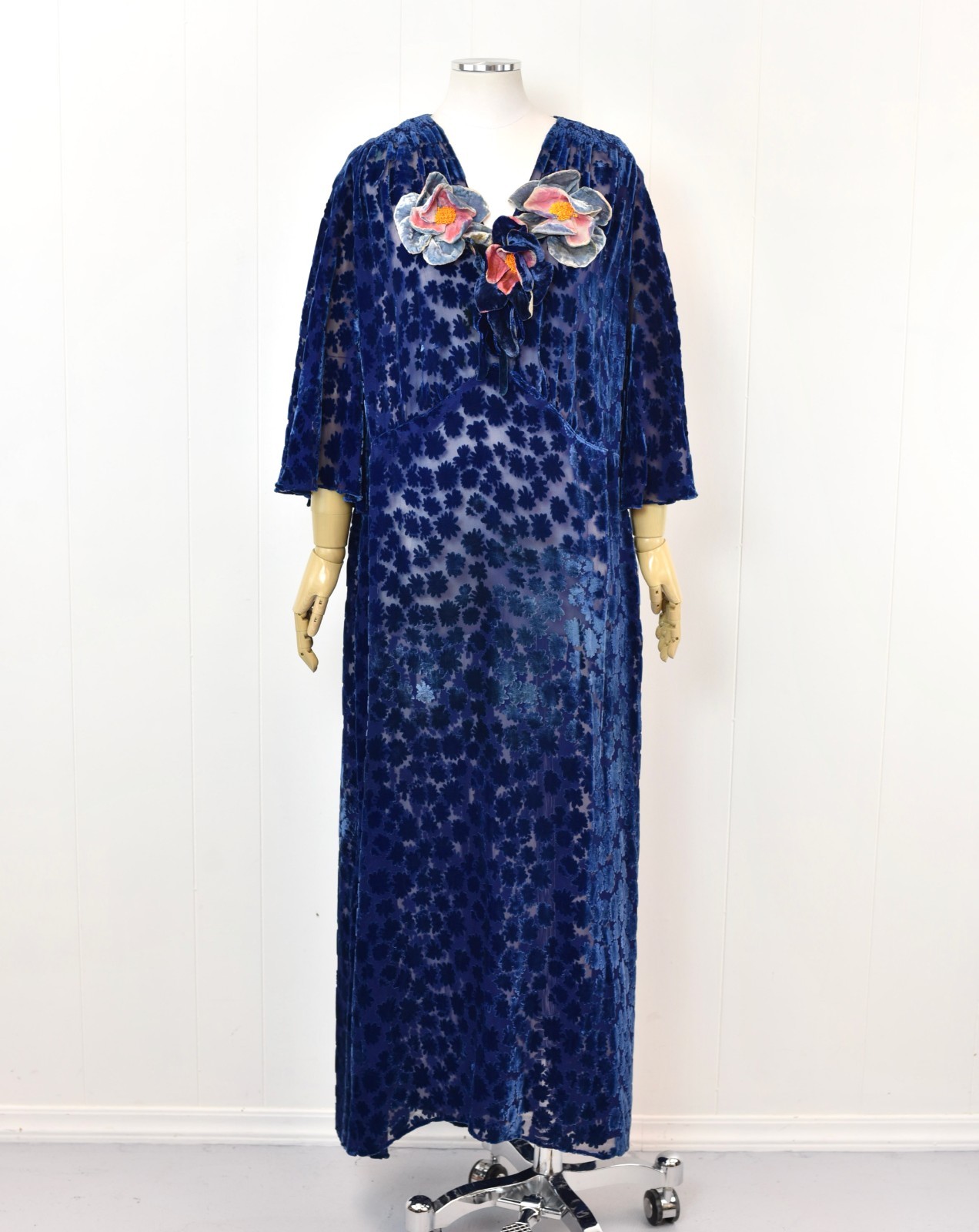 Antique 1930s Blue Devore Burnout Velvet Floral Art Deco Sheer Dress Larger Size