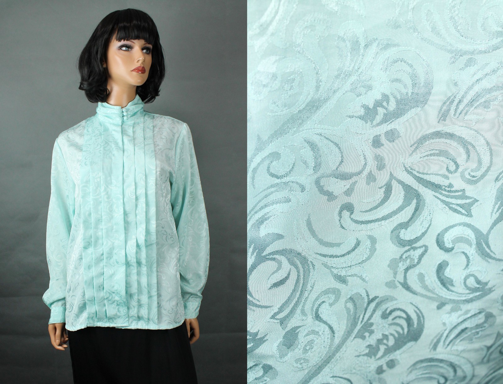 Turtleneck Blouse Sz 10 M Vintage Aqua Blue Pastel Shiny Brocade Dress Shirt