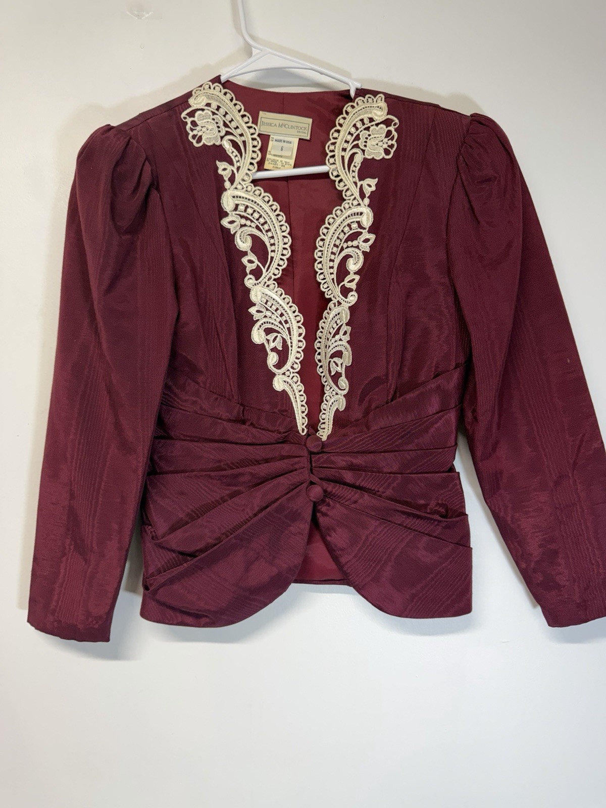 VTG JESSICA McClintock Lace Collar V Neck 3/4 Sleeve Blazer Y2K Burgandy Sz 6