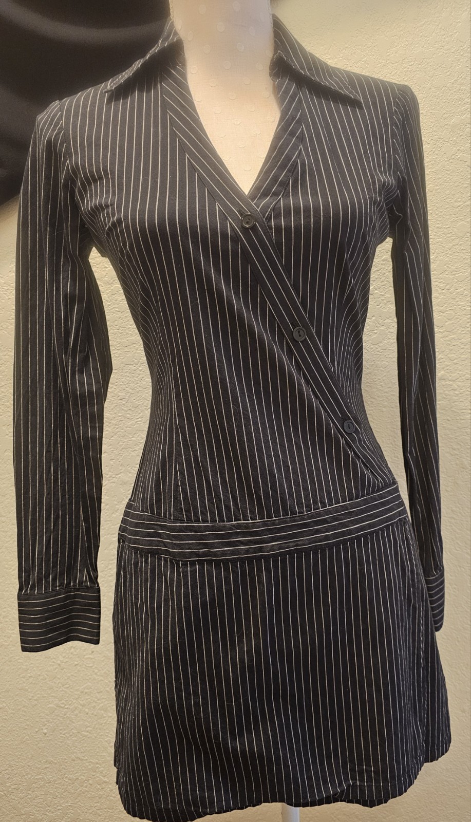 Y2K Vintage Aqua Blues Pinstripe Mini Dress Sz 5 Longsleeve Wrap dress