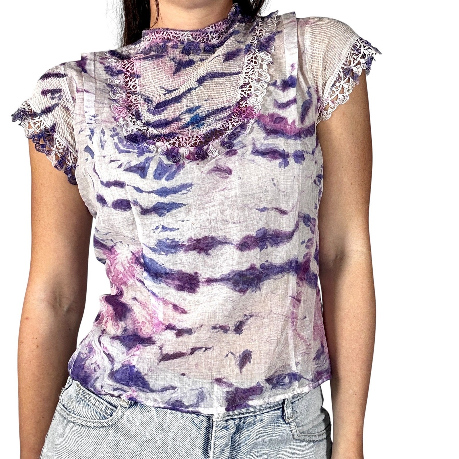 Antique 1940s Hand Dyed Shibori Silk Cotton Blouse Lace Micropleated Purple Blue