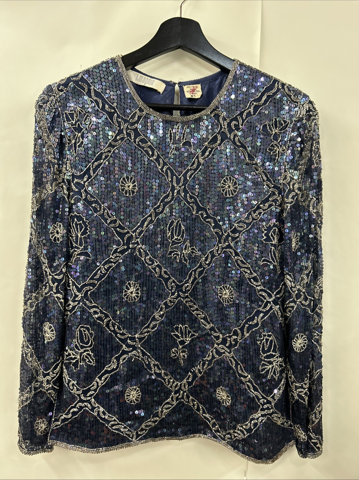 GLAM 80s Vintage I. Magnin Silk Party Cocktail Evening Top XS Shiny Beaded Hand